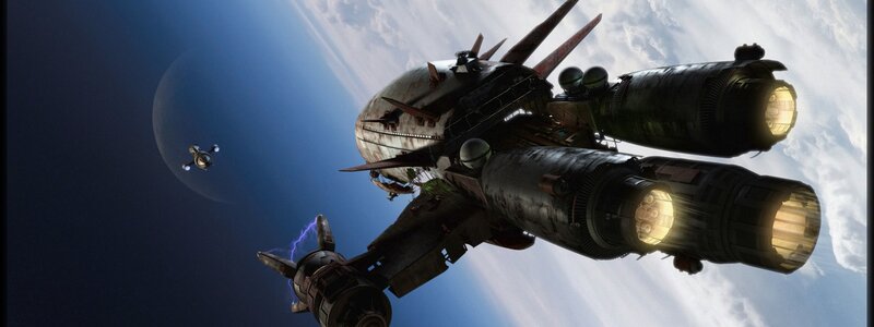 Spaceship in Orbit — Blue, Dramatic, Digital Art, Planet