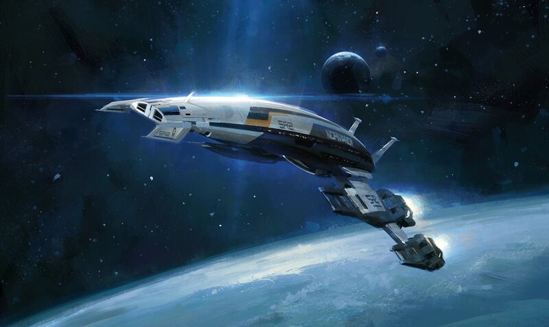 Spaceship in Orbit — Blue, Dramatic, Digital Art