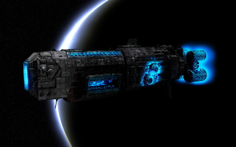 Spaceship in Orbit — Blue, Dramatic, Night, Digital Art, Planet, Space