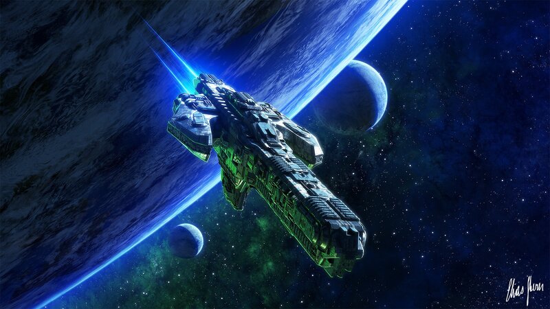 Spaceship in Orbit — Blue, Dramatic, Night, Digital Art