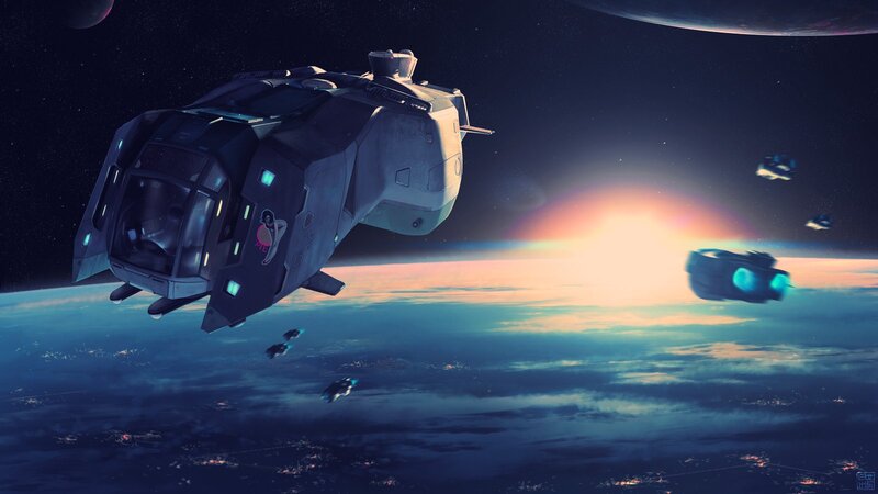 Spaceship in Orbit — Blue, Dramatic, Sunrise, Digital Art
