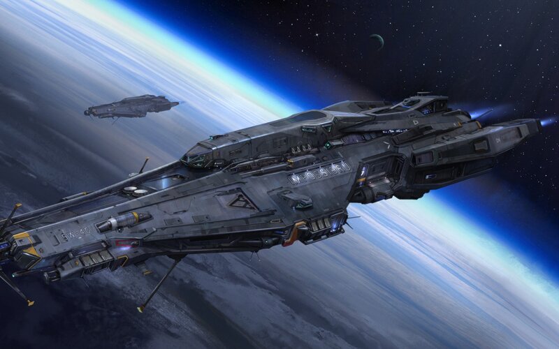 Spaceship in Orbit — Gray, Dramatic, Digital Art, Planet, Moon