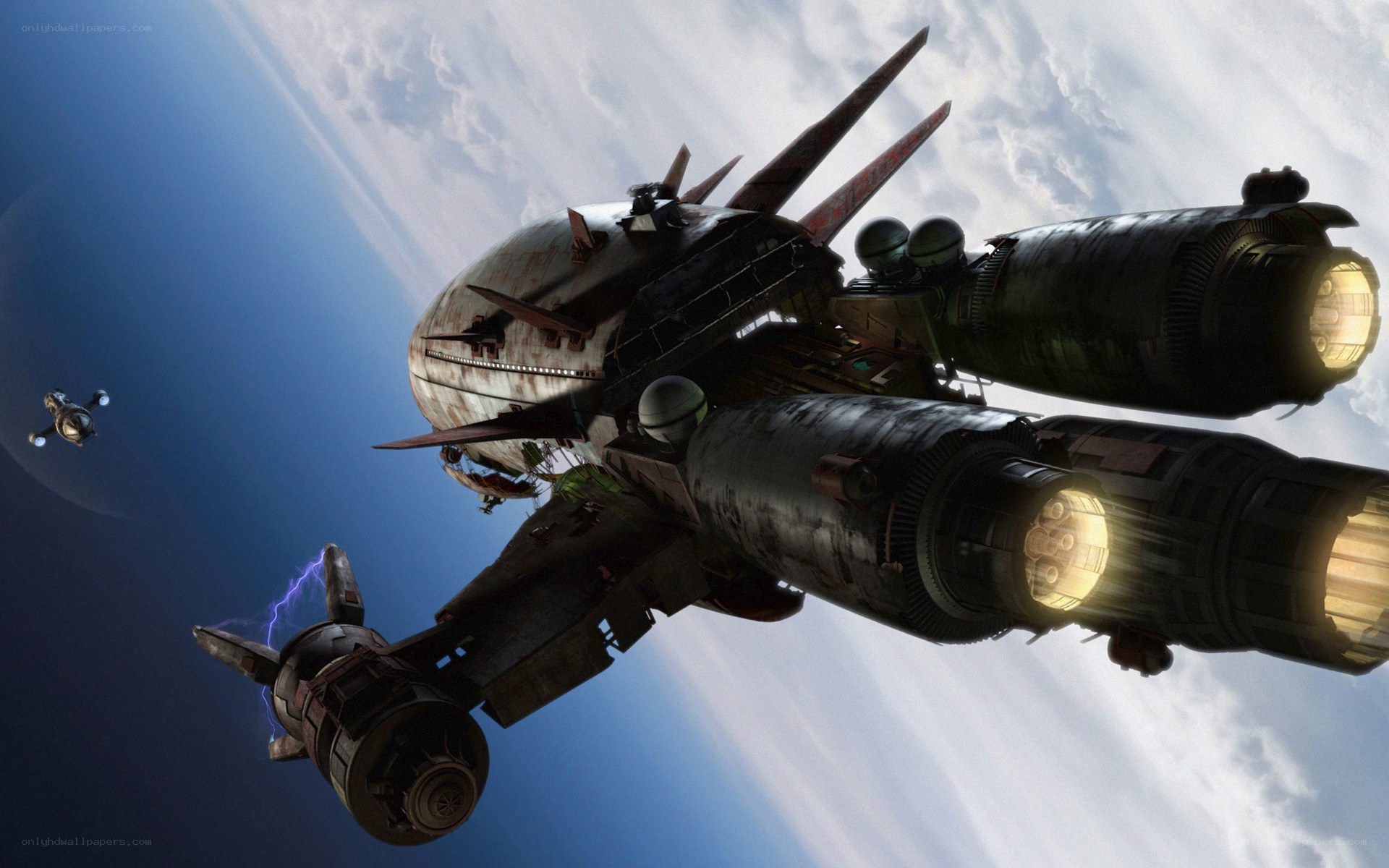 Spaceship in orbit with smaller craft