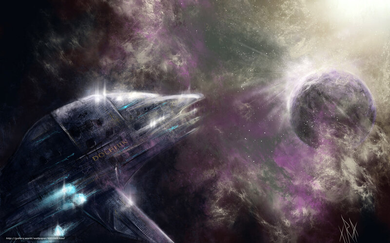 spaceship in purple nebula