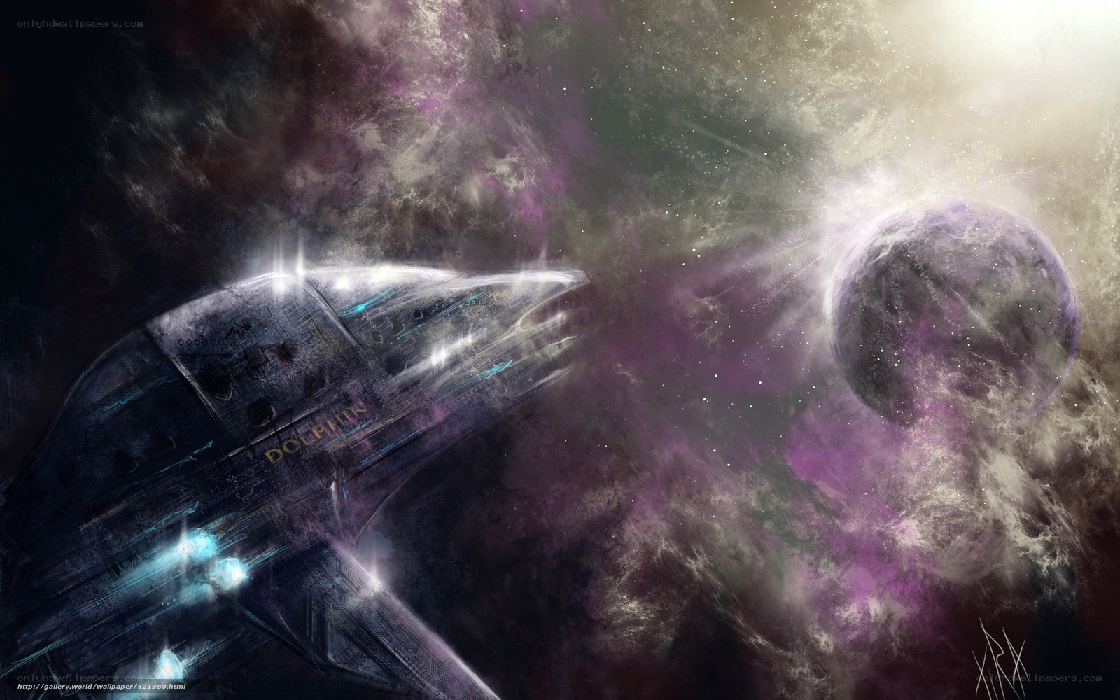 spaceship in purple nebula