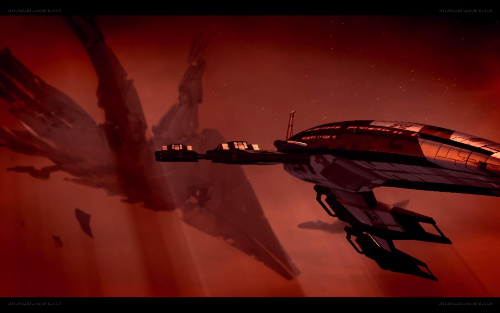 Spaceship in red nebula