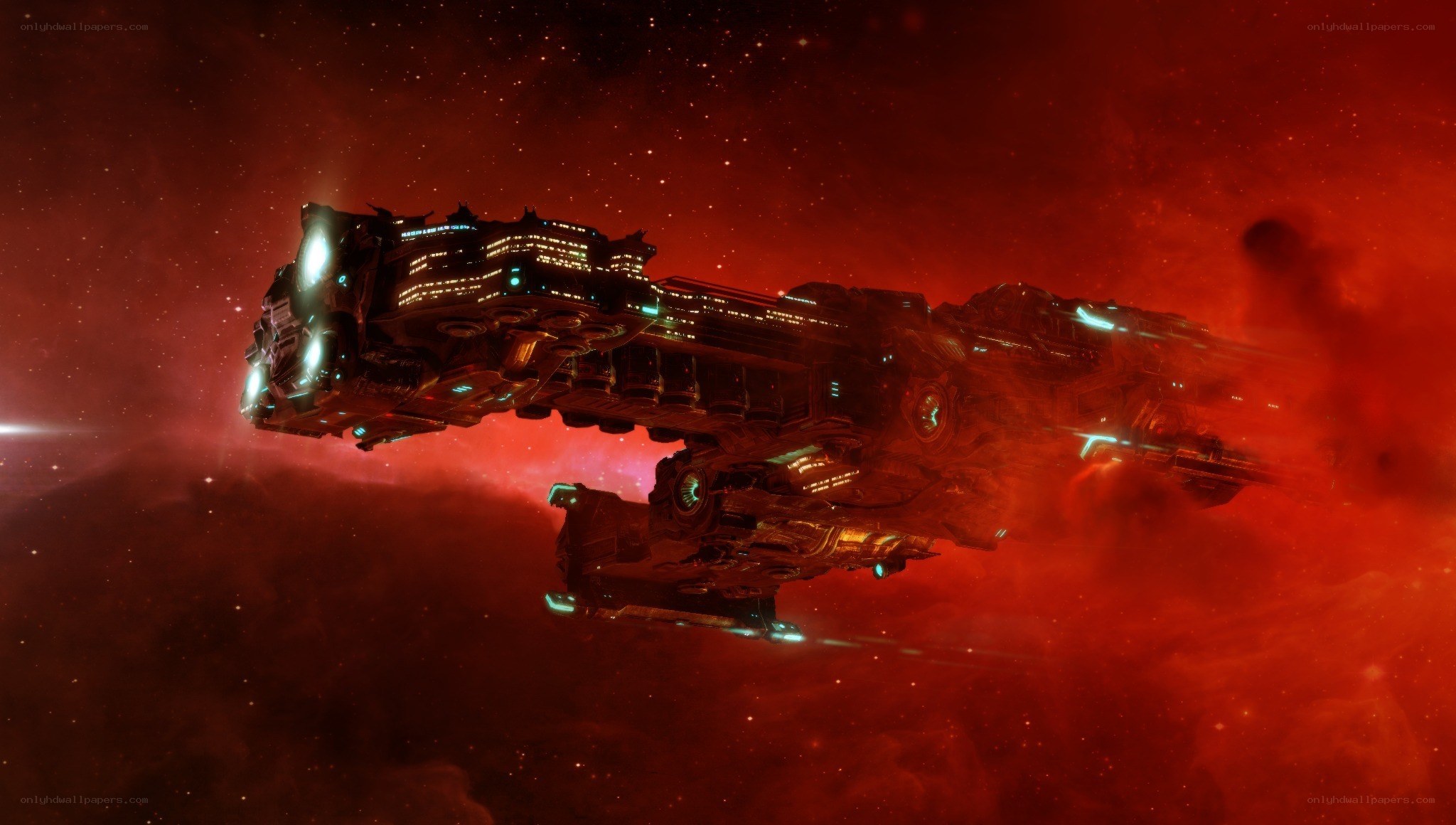 spaceship in red nebula