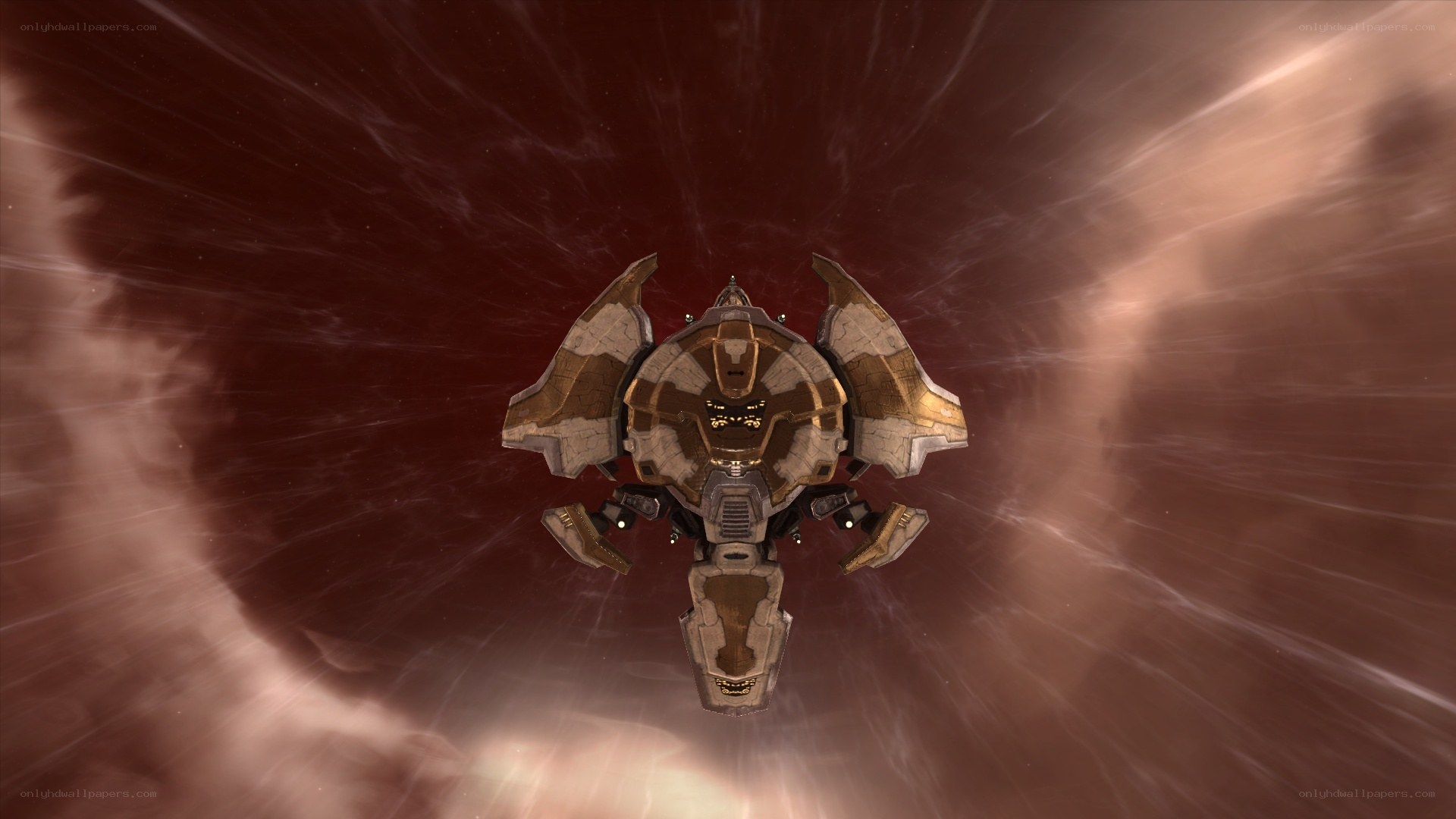 spaceship in red nebula