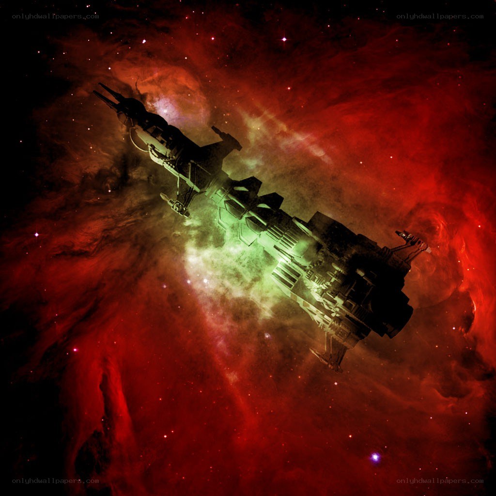 spaceship in red nebula