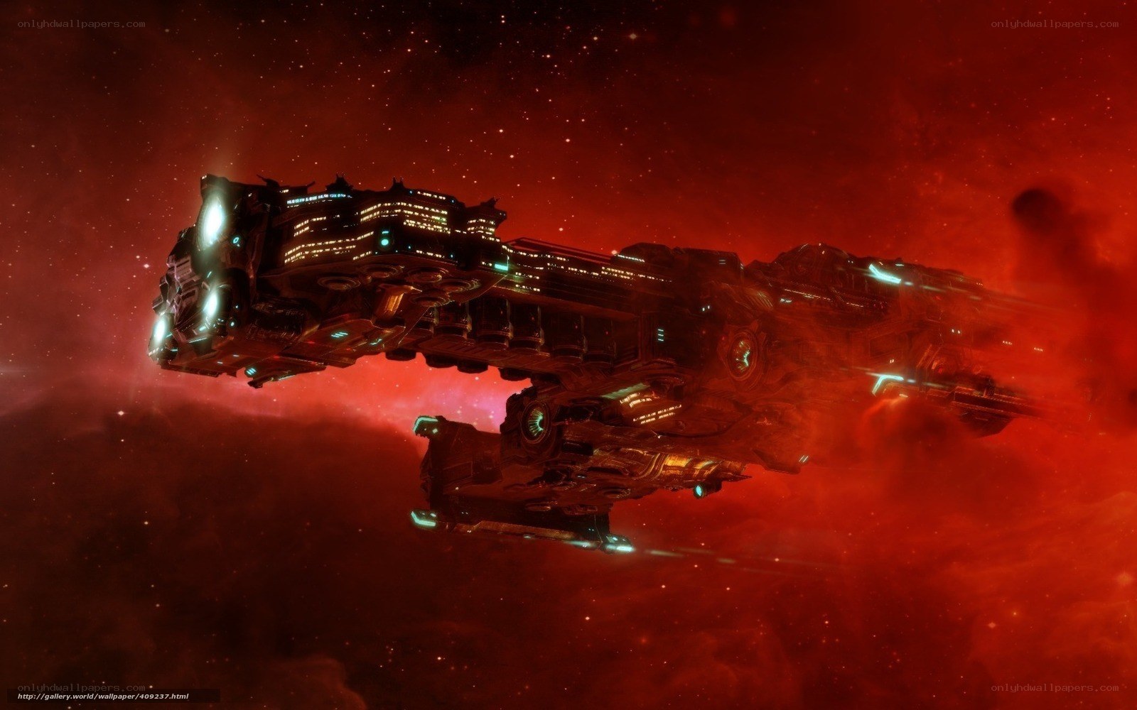 spaceship in red nebula