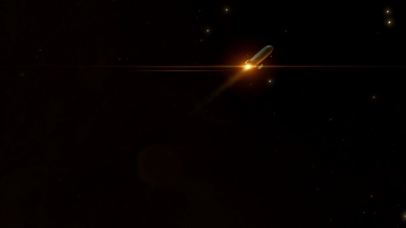 Spaceship in Space — Black, Dark, Night, 3d Render, Stars, Engine Glow, Orange