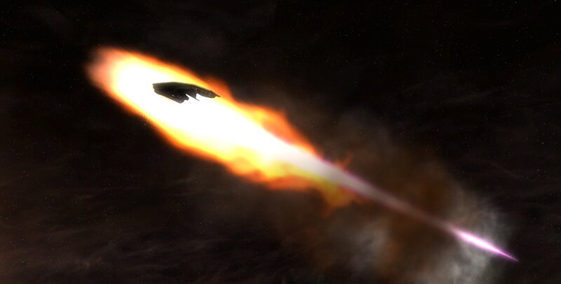 Spaceship in Space — Black, Dramatic, 3d Render, Flame