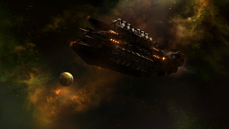 Spaceship in Space — Black, Dramatic, Digital Art, Planet, Nebula