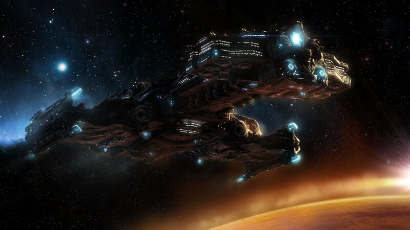 Spaceship in Space — Black, Dramatic, Digital Art, Planet, Stars