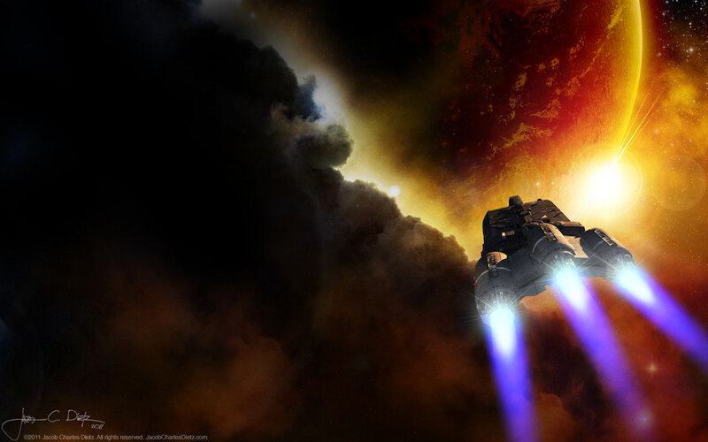Spaceship in Space — Black, Dramatic, Digital Art, Planet