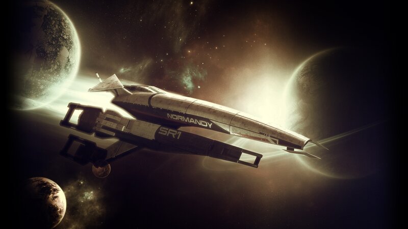 Spaceship in Space — Black, Dramatic, Digital Art, Planets, Stars