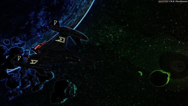 Spaceship in Space — Black, Dramatic, Night, Digital Art, Planet, Asteroids