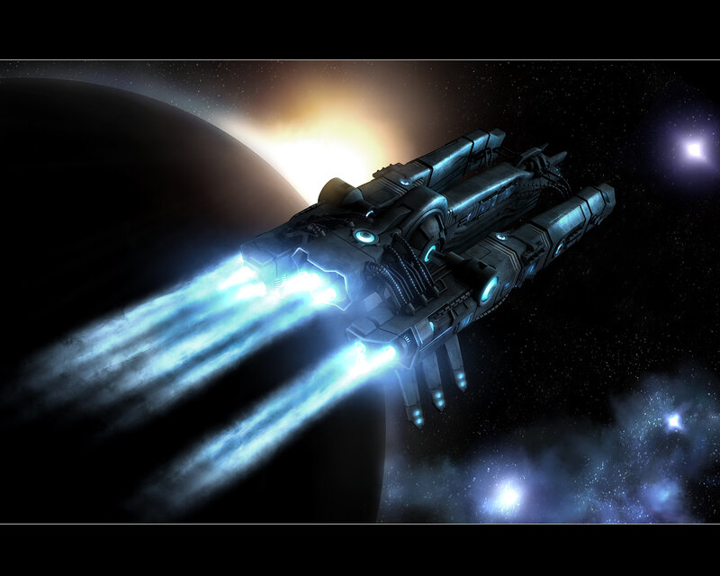 Spaceship in Space — Black, Dramatic, Night, Digital Art, Planet, Stars, Nebula