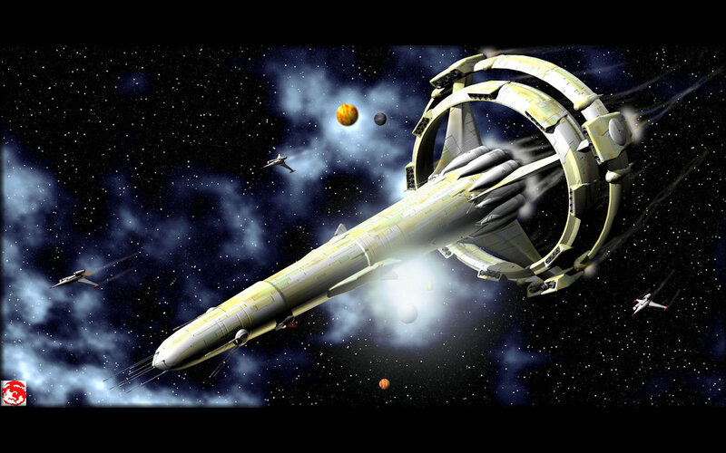 Spaceship in Space — Black, Dramatic, Night, Digital Art, Planets