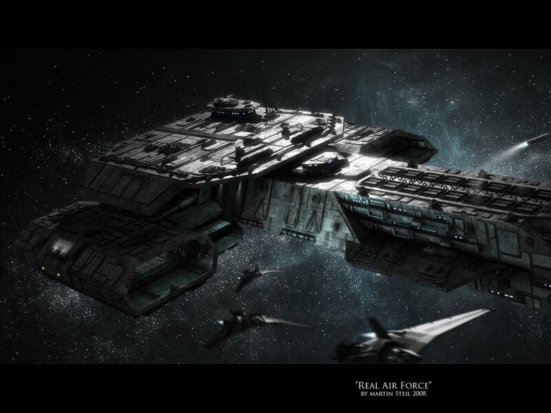 Spaceship in Space — Black, Dramatic, Night, Digital Art, Starfield, Fighter Craft