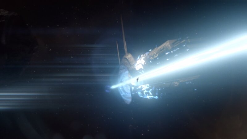 Spaceship in Space — Black, Dramatic, Night, Digital Art, Starfield, Laser Beam