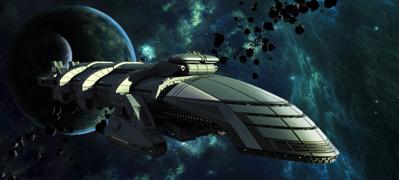 Spaceship in Space — Blue, Dramatic, Digital Art, Planet, Asteroids