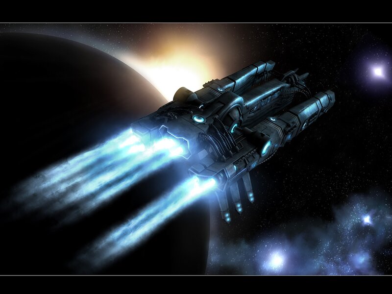 Spaceship in Space — Blue, Dramatic, Digital Art, Planet, Stars