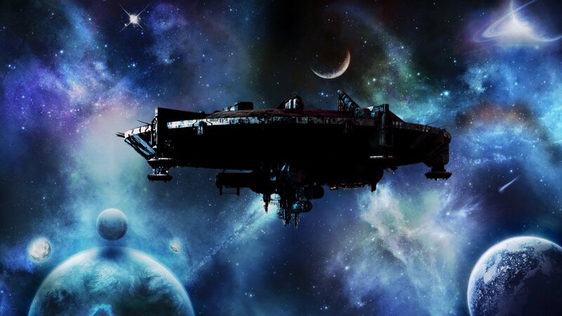 Spaceship in Space — Blue, Dramatic, Digital Art, Planets