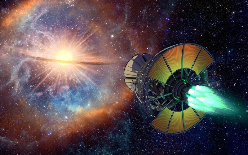 Spaceship in Space — Blue, Dramatic, Digital Art, Star