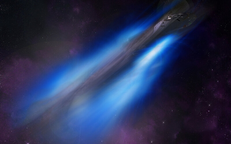 Spaceship in Space — Blue, Dramatic, Digital Art, Stars, Nebula