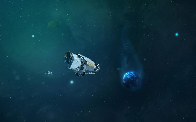 Spaceship in Space — Blue, Dramatic, Digital Art