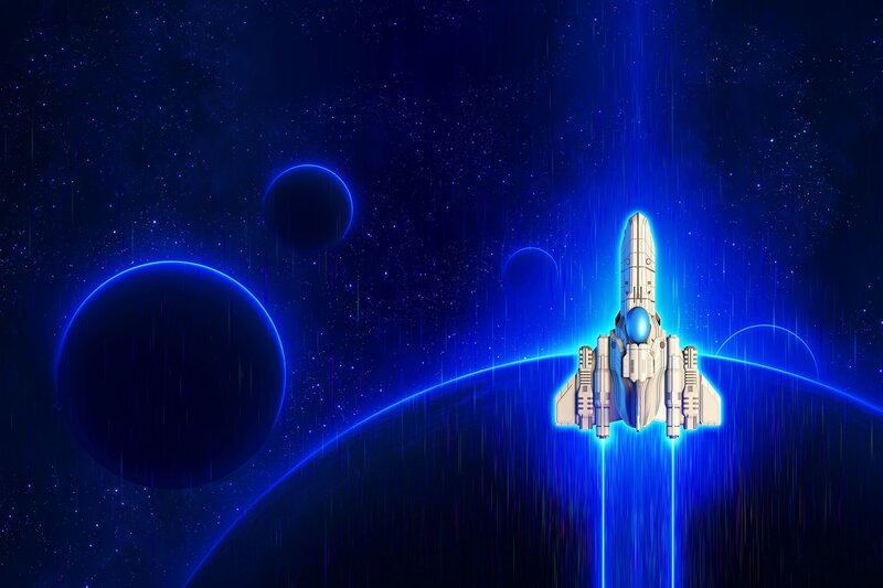 Spaceship in Space — Blue, Dramatic, Night, Digital Art, Planet