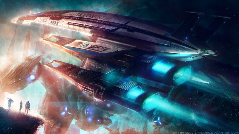 Spaceship in Space — Blue, Dramatic, Night, Digital Art, Soldiers