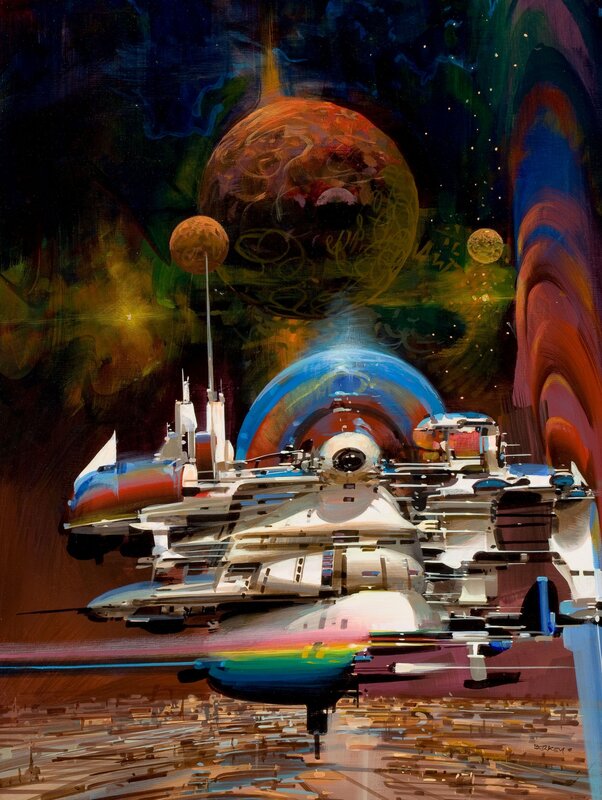 Spaceship in Space — Blue, Dramatic, Painting
