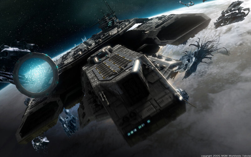 Spaceship in Space — Gray, Dramatic, Digital Art, Planet