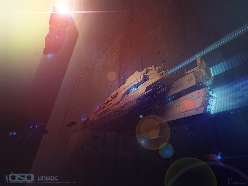 Spaceship in Space — Orange, Dramatic, Sunset, Digital Art, Spaceships