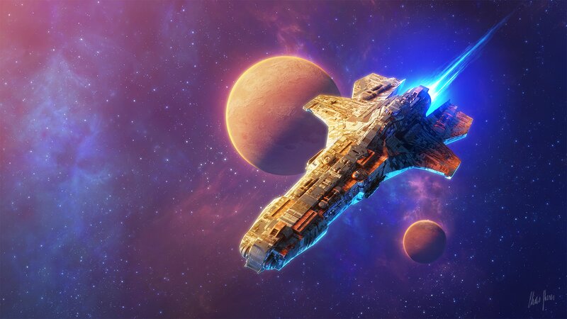 Spaceship in Space — Purple, Dramatic, Digital Art, Planet