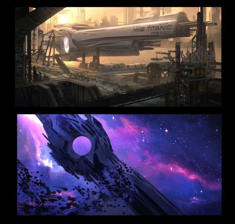 Spaceship in Space — Purple, Dramatic, Night, Digital Art