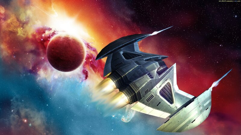 Spaceship in Space — Red, Dramatic, Digital Art, Planet, Nebula