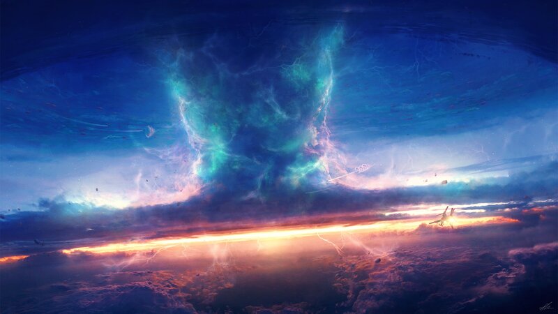 Spaceship in Stormy Sky — Blue