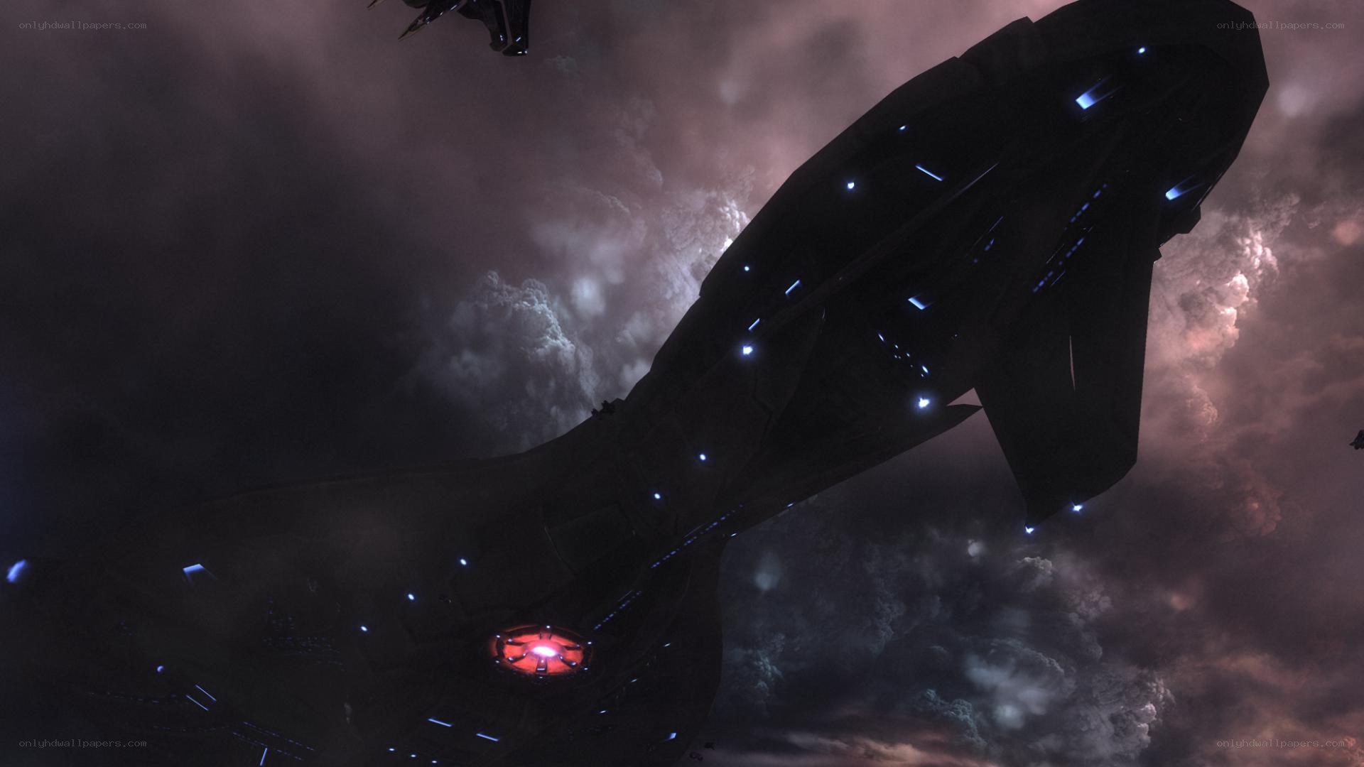 spaceship in stormy sky