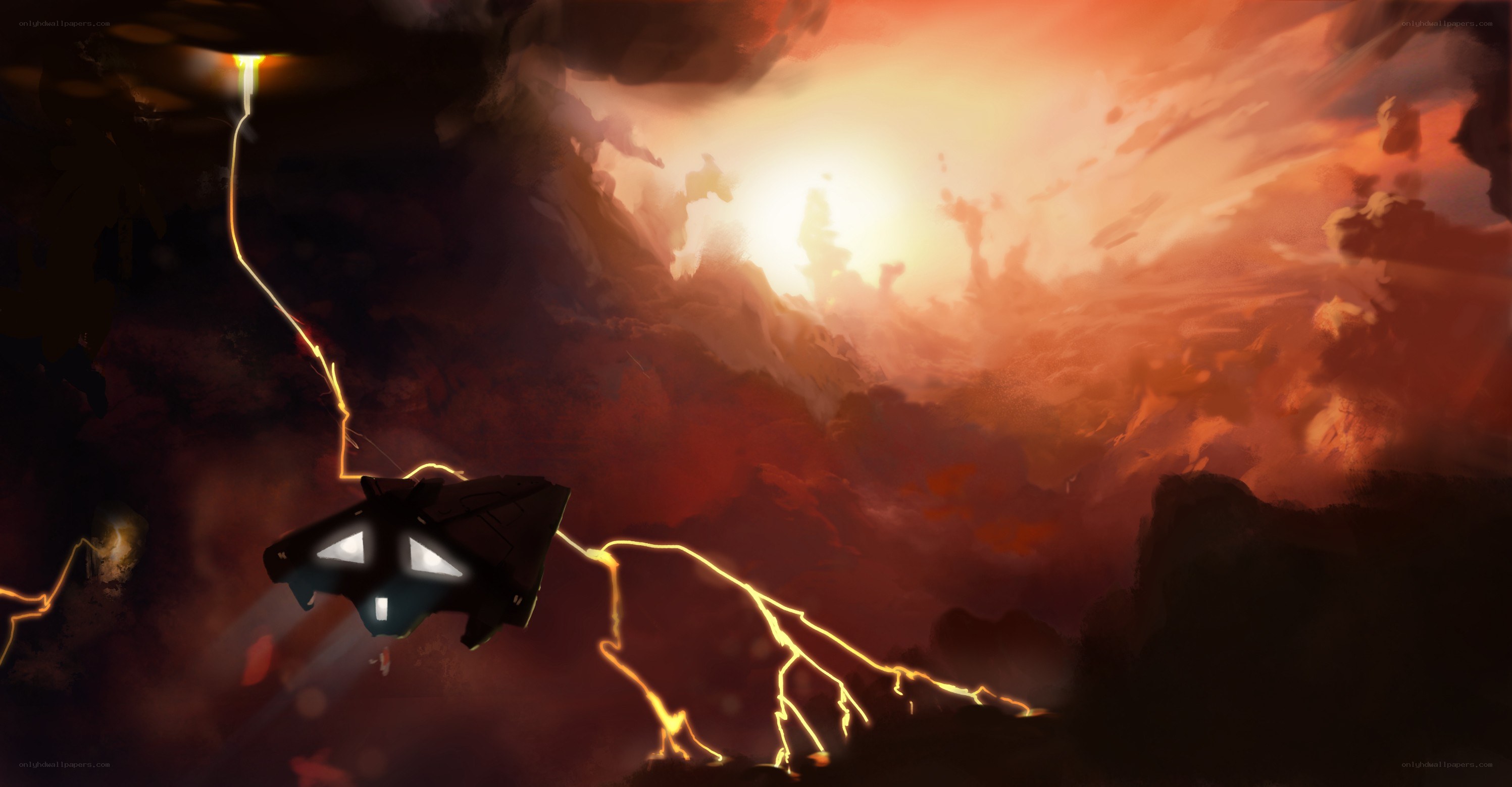 spaceship in volcanic storm