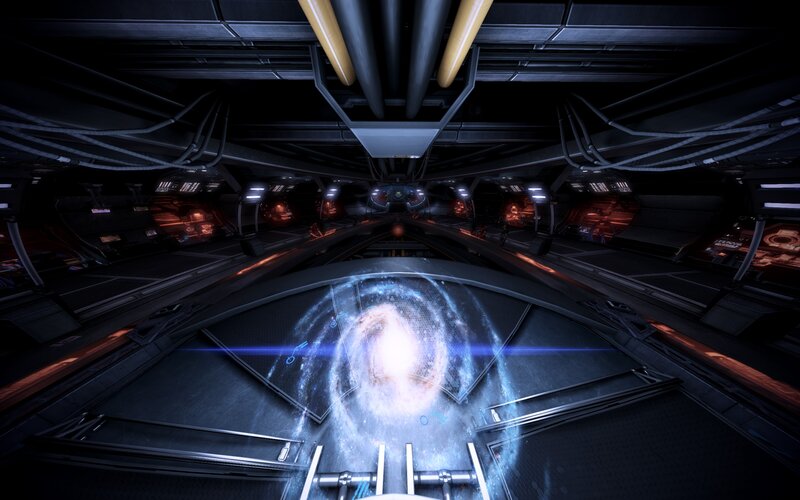 spaceship interior with galaxy display