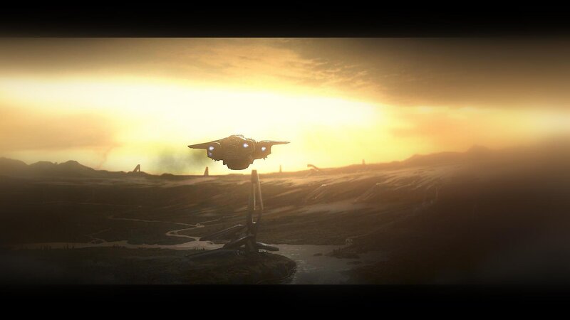 spaceship landing at sunset