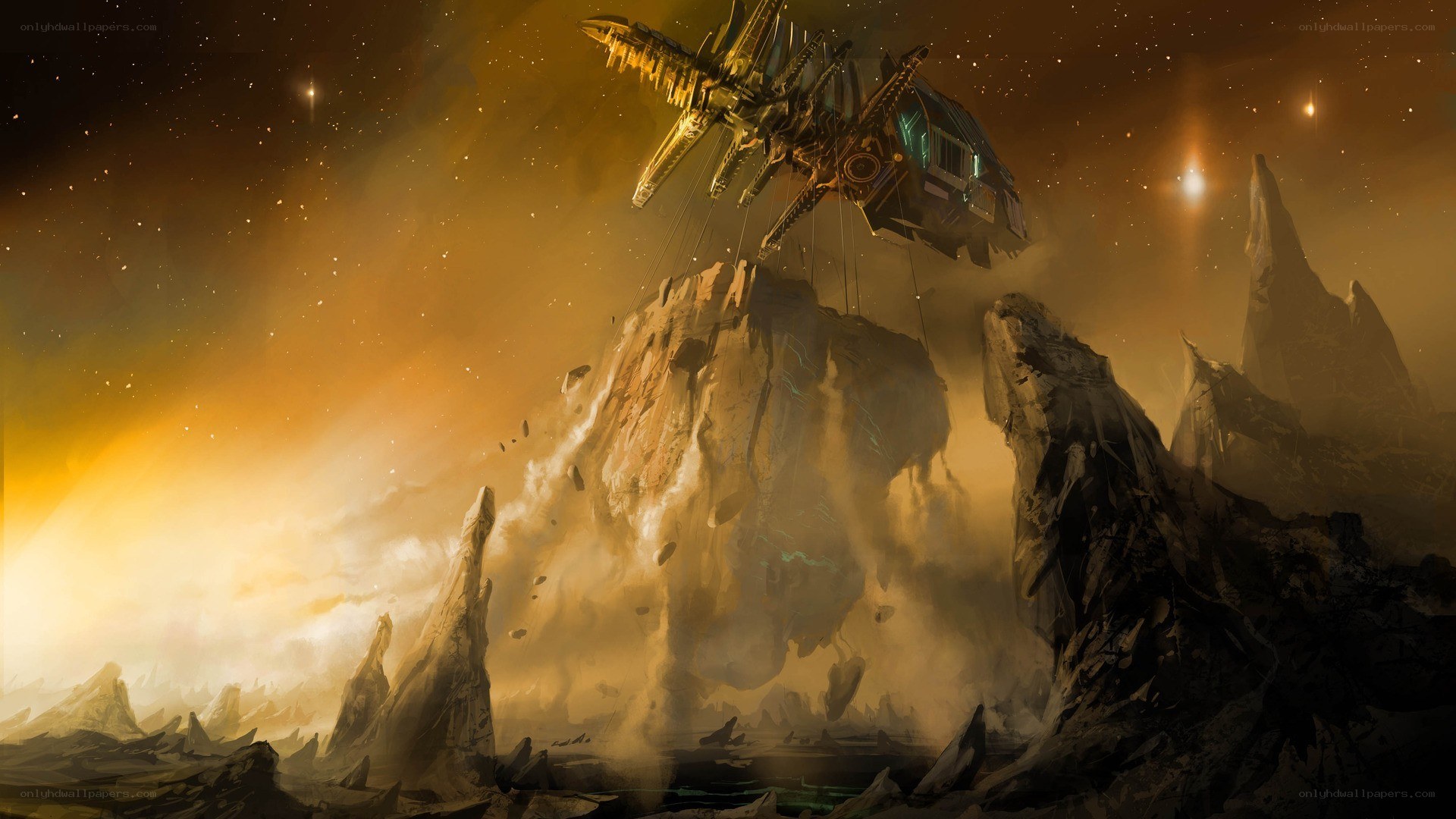 Spaceship landing on alien planet