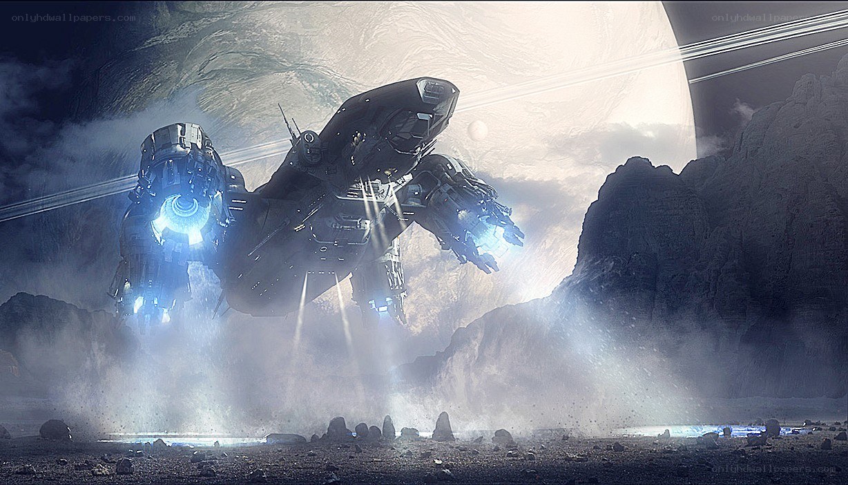 Spaceship landing on alien planet