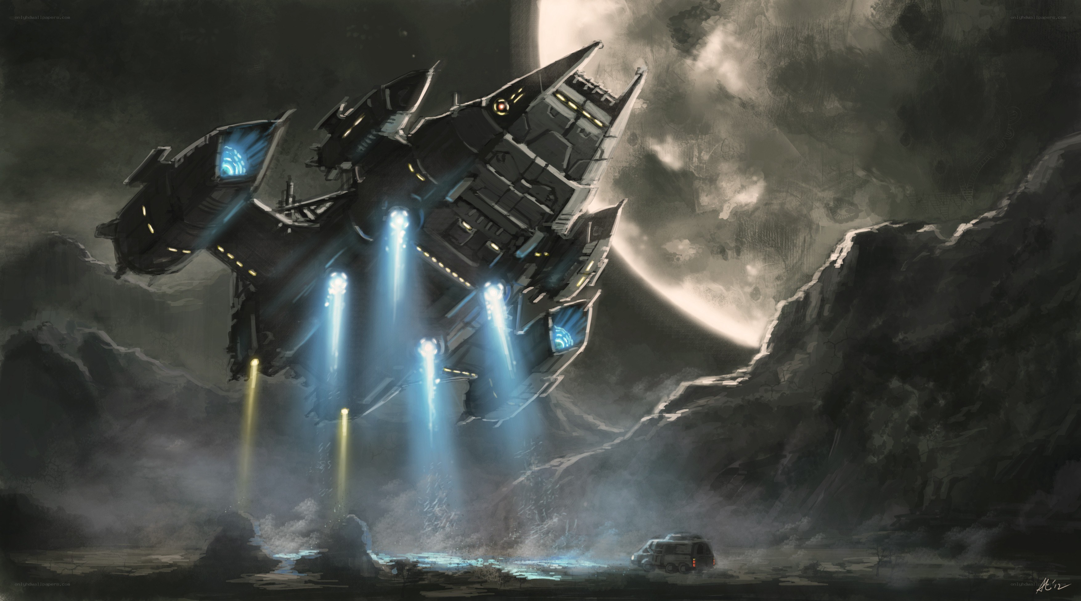 Spaceship landing on alien planet