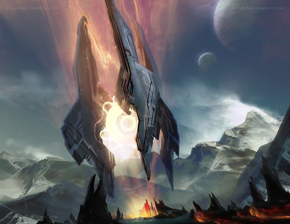 Spaceship landing on alien planet