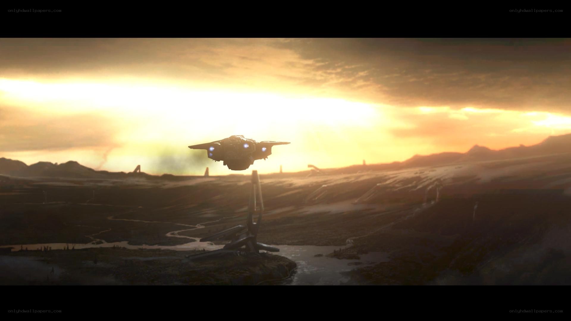 spaceship landing on alien planet