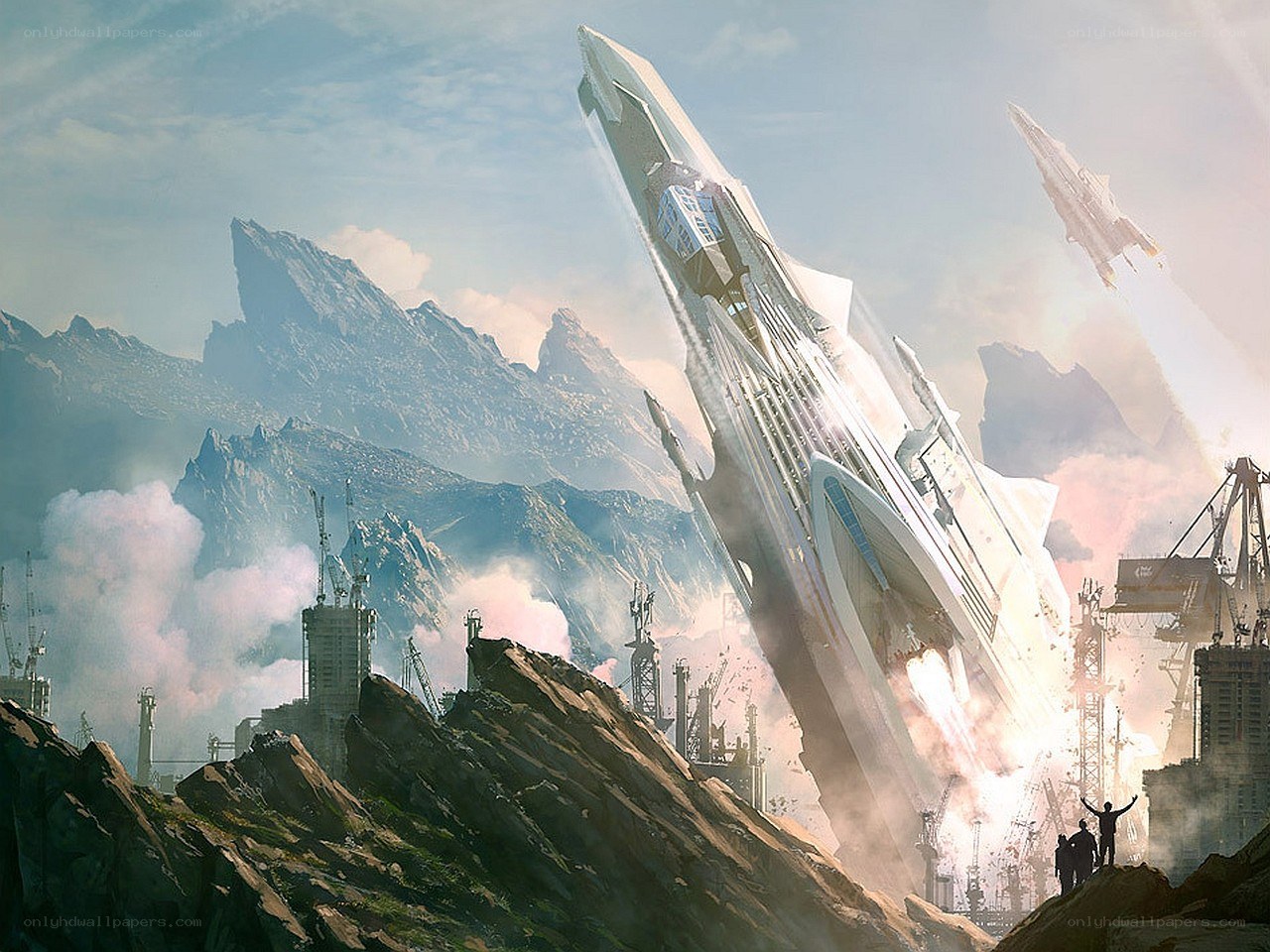 Spaceship launch from mountain base
